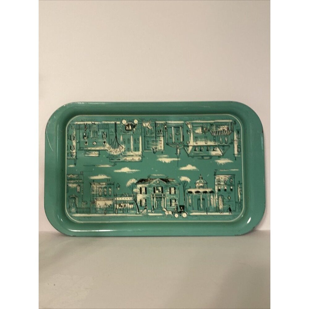 Aqua City Street Tray Metal Vintage Horse Carriage Parasols Approx 14" X 8.75"